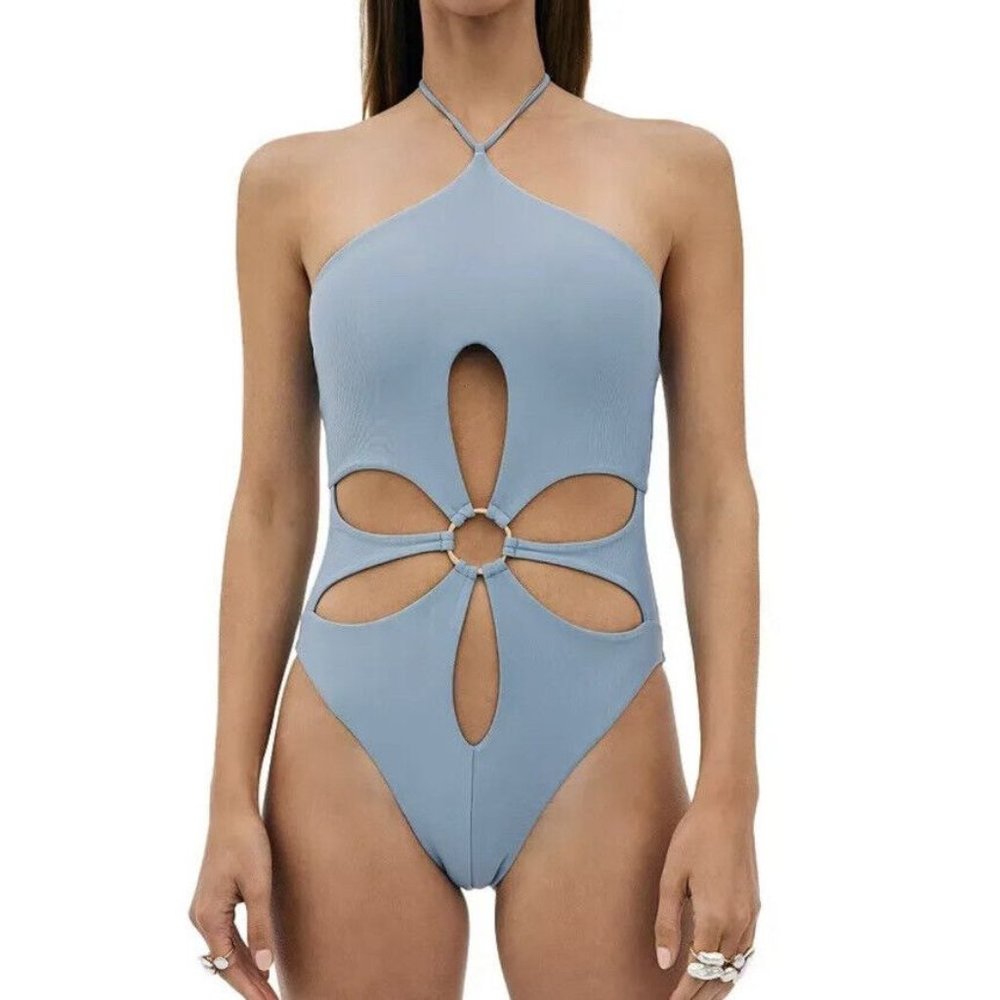 Cult Gaia XS swimsuit STEEL Aster Cutout One Piece Blue halter flower NWT New